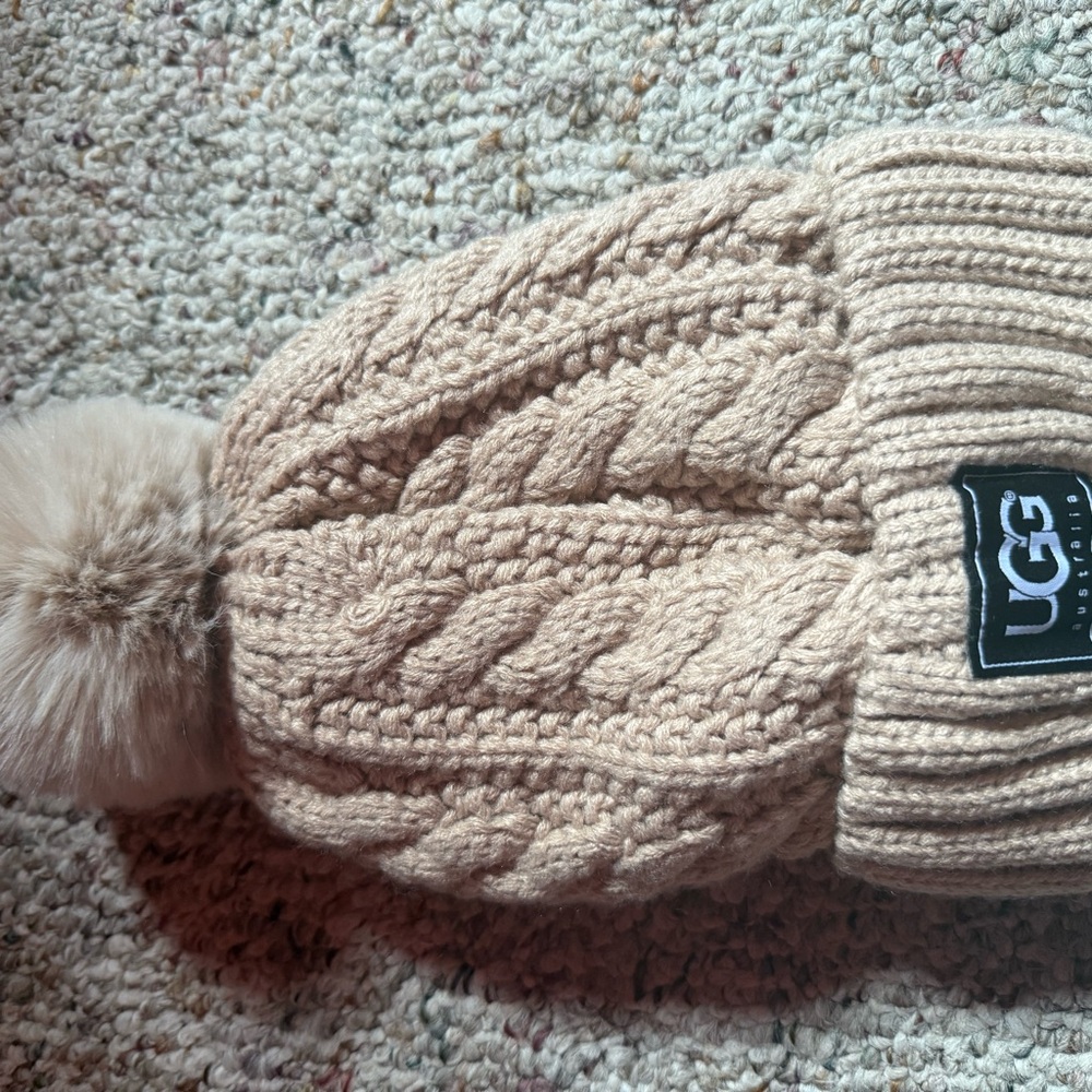 UGG Tan Cable Knit Beanie with Pom (Matching Scarf)